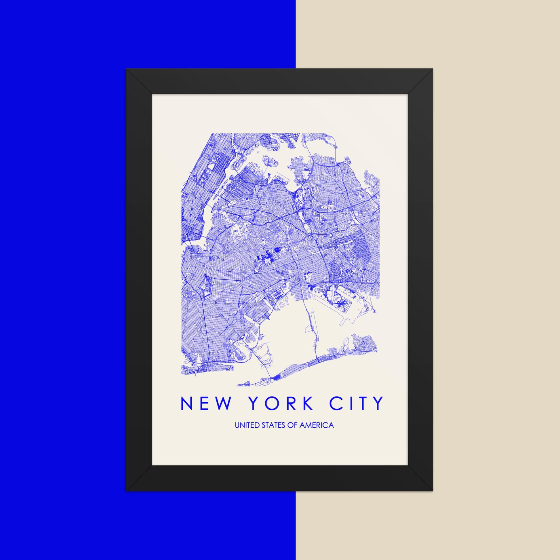 Pop New York City Map - Vibrant Wall Art Poster - Blue, Beige