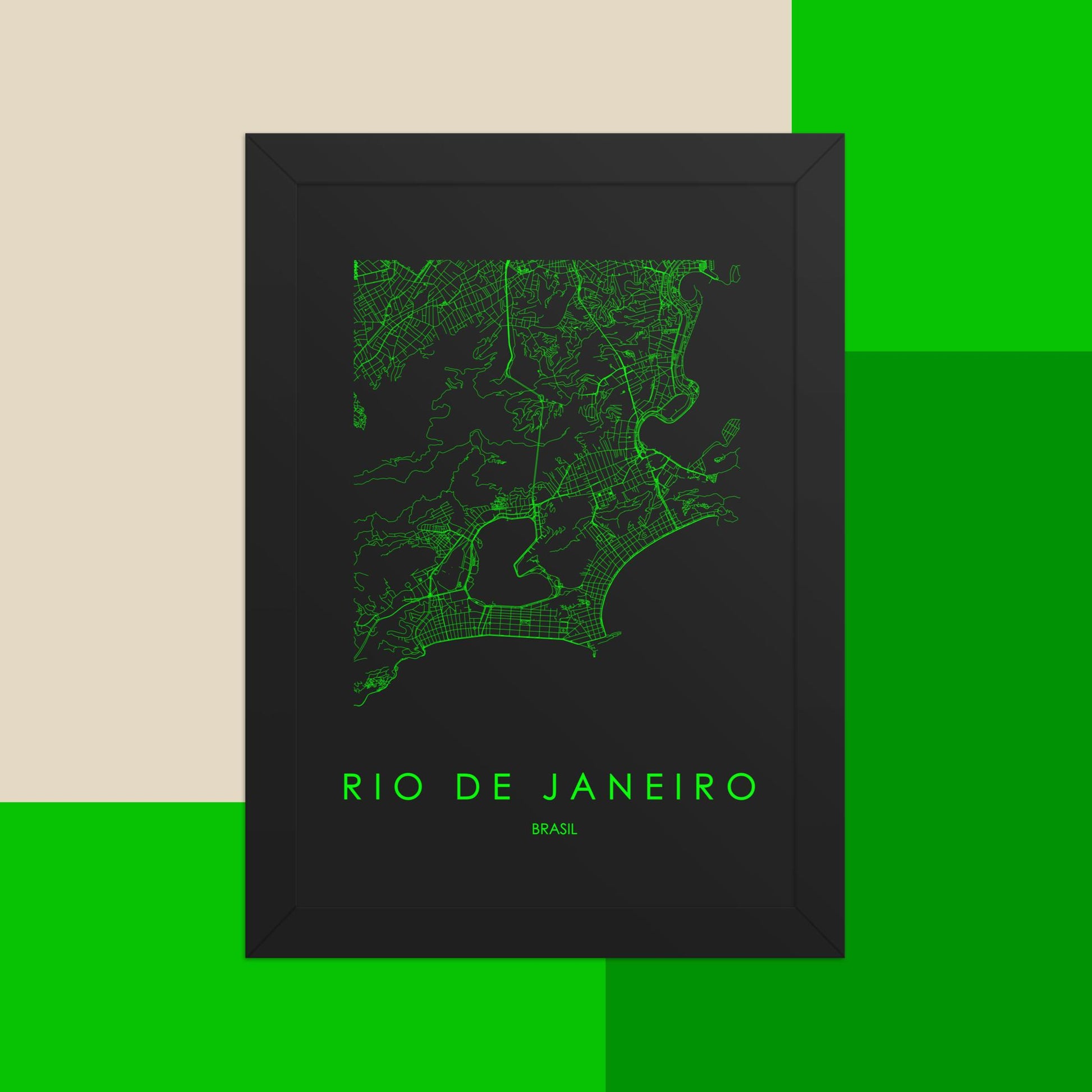 Mapa Pop Ciudad de Río de Janeiro - Póster de Arte Colorido para Pared - Verde, Negro