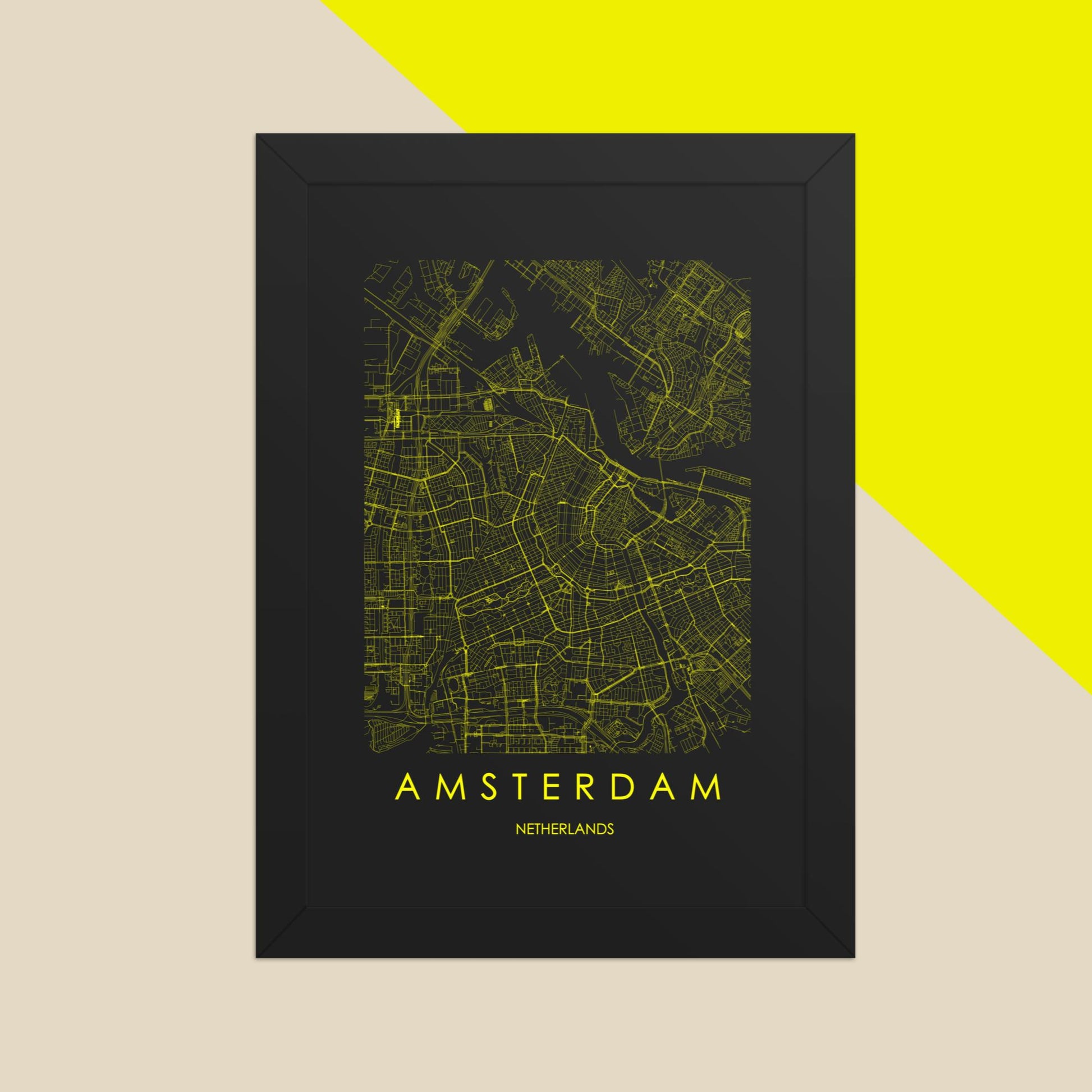 Mapa Pop Ciudad de Amsterdam - Póster de Arte Colorido para Pared - Amarillo, Negro