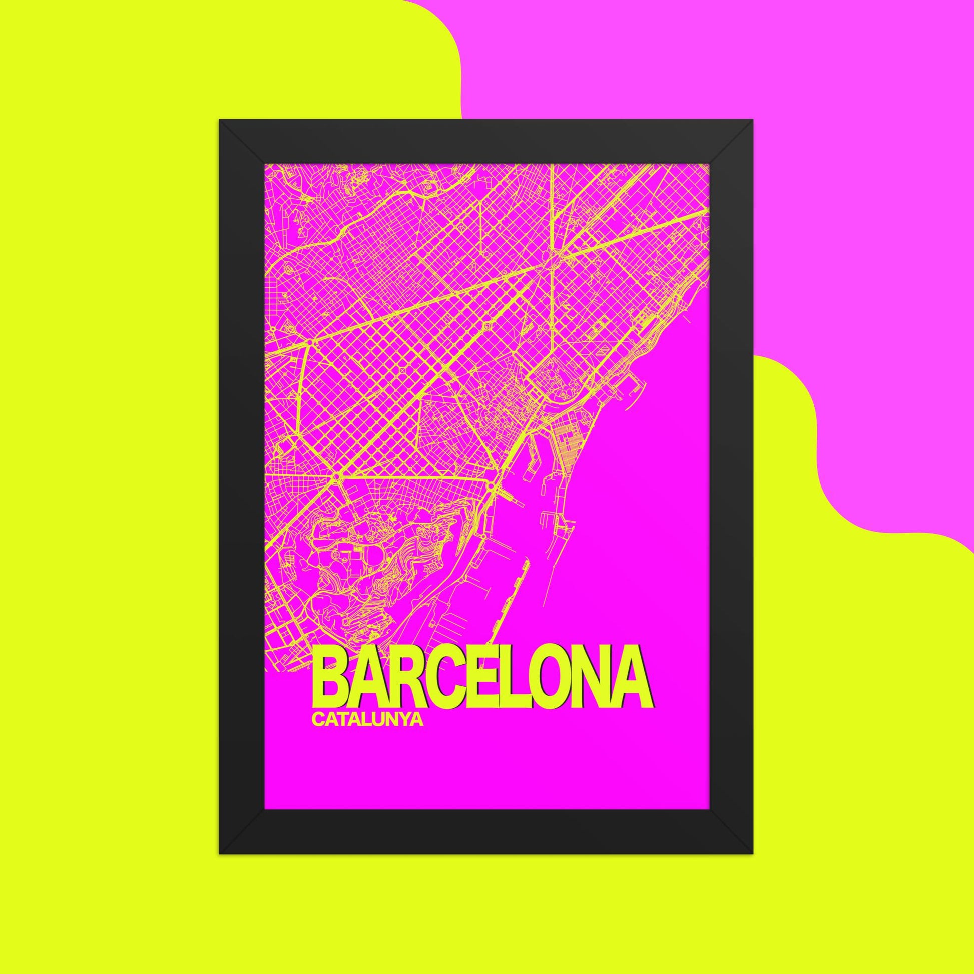 Mapa Bold Ciudad de Barcelona - Póster de Arte Colorido para Pared - Rosa, Amarillo
