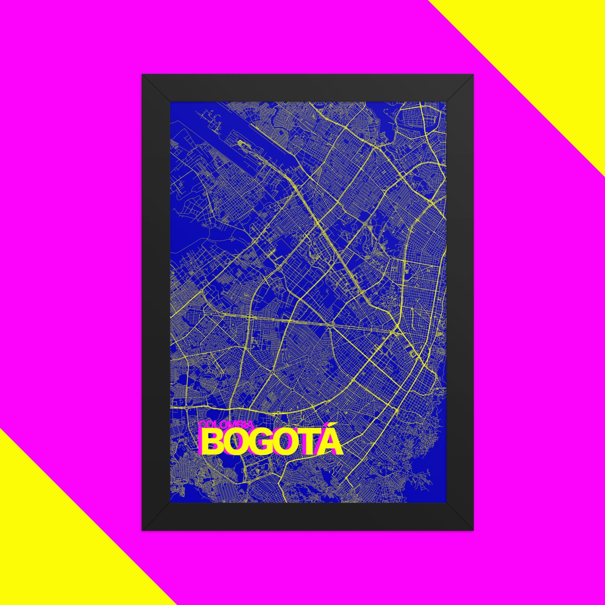 Mapa Bold Ciudad de Bogotá - Póster de Arte Colorido para Pared - Azul, Amarillo, Rosa