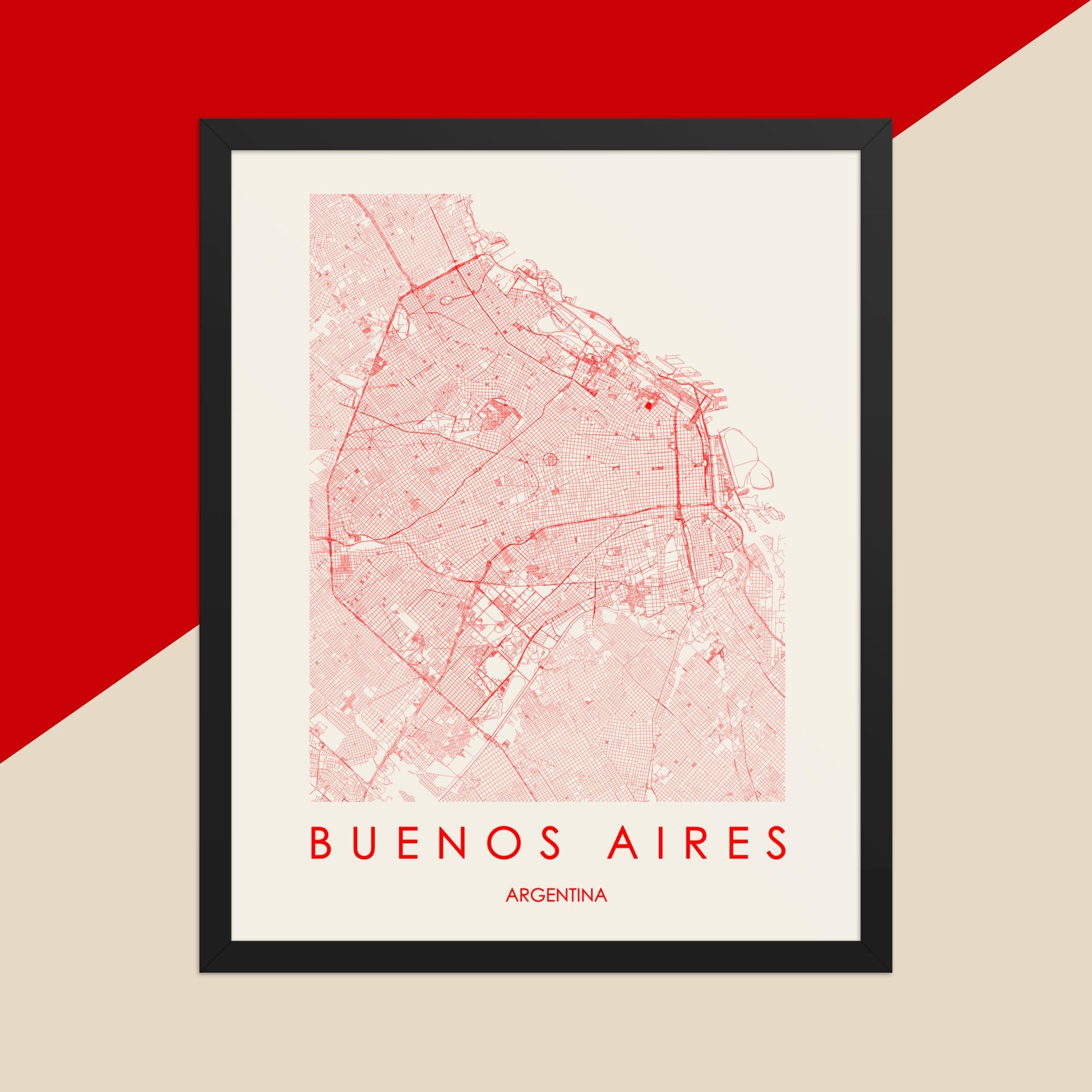 Pop Buenos Aires City Map - Vibrant Wall Art Poster - Red, Beige