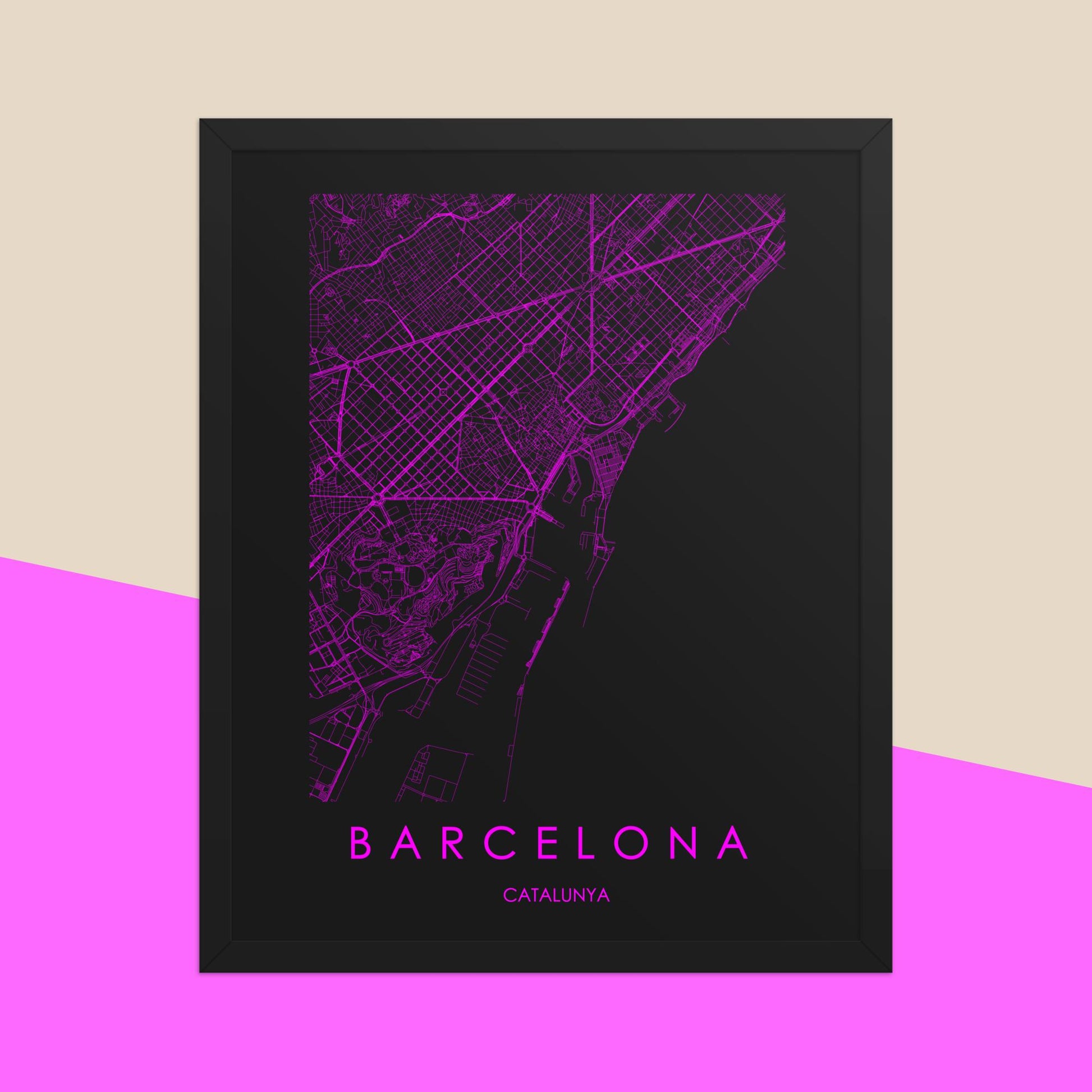 Mapa Pop Ciudad de Barcelona - Póster de Arte Colorido para Pared - Rosa, Negro