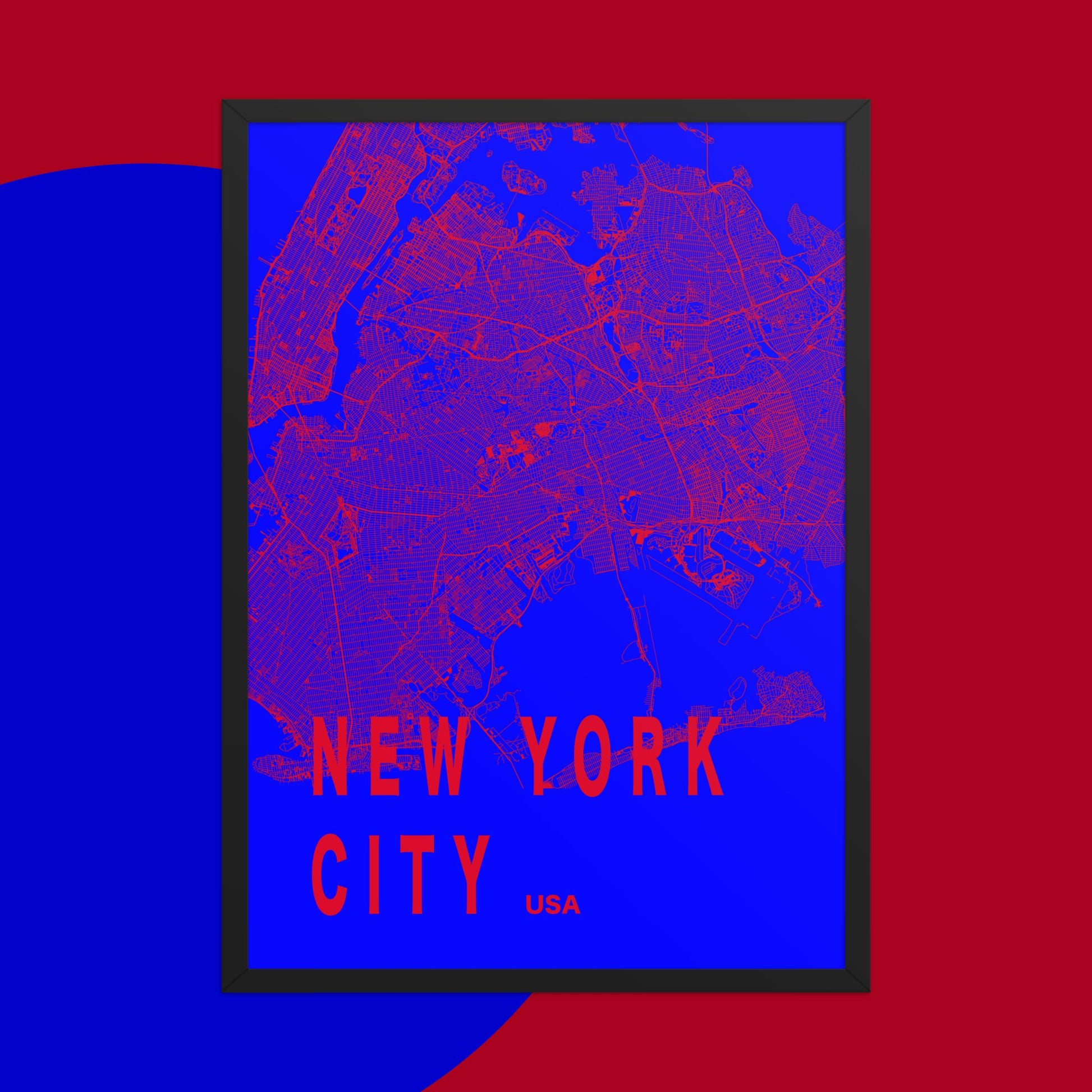 Bold New York City Map - Vibrant Wall Art Poster - Blue, Red