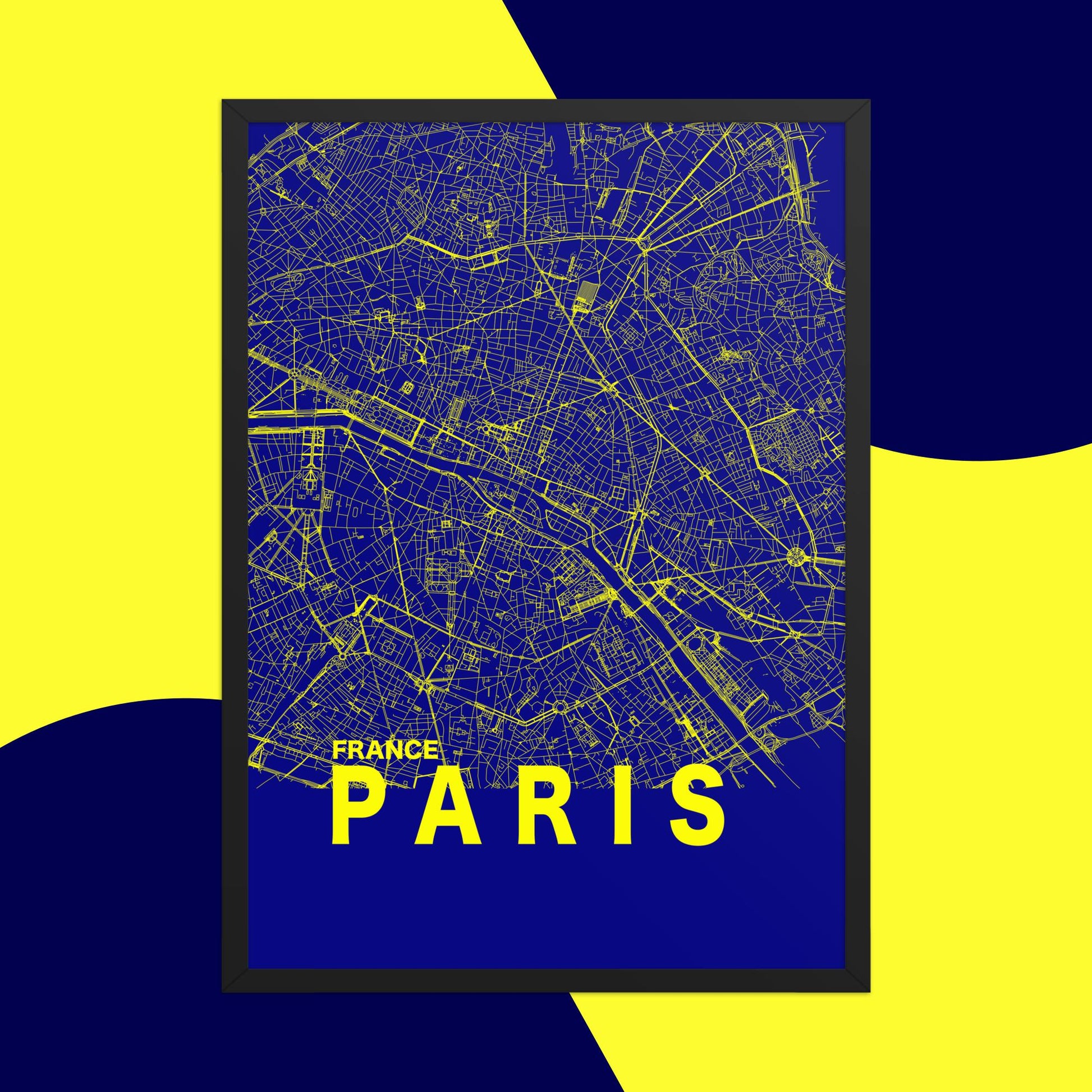 Mapa Bold Ciudad de París - Póster de Arte Colorido para Pared - Azul, Amarillo