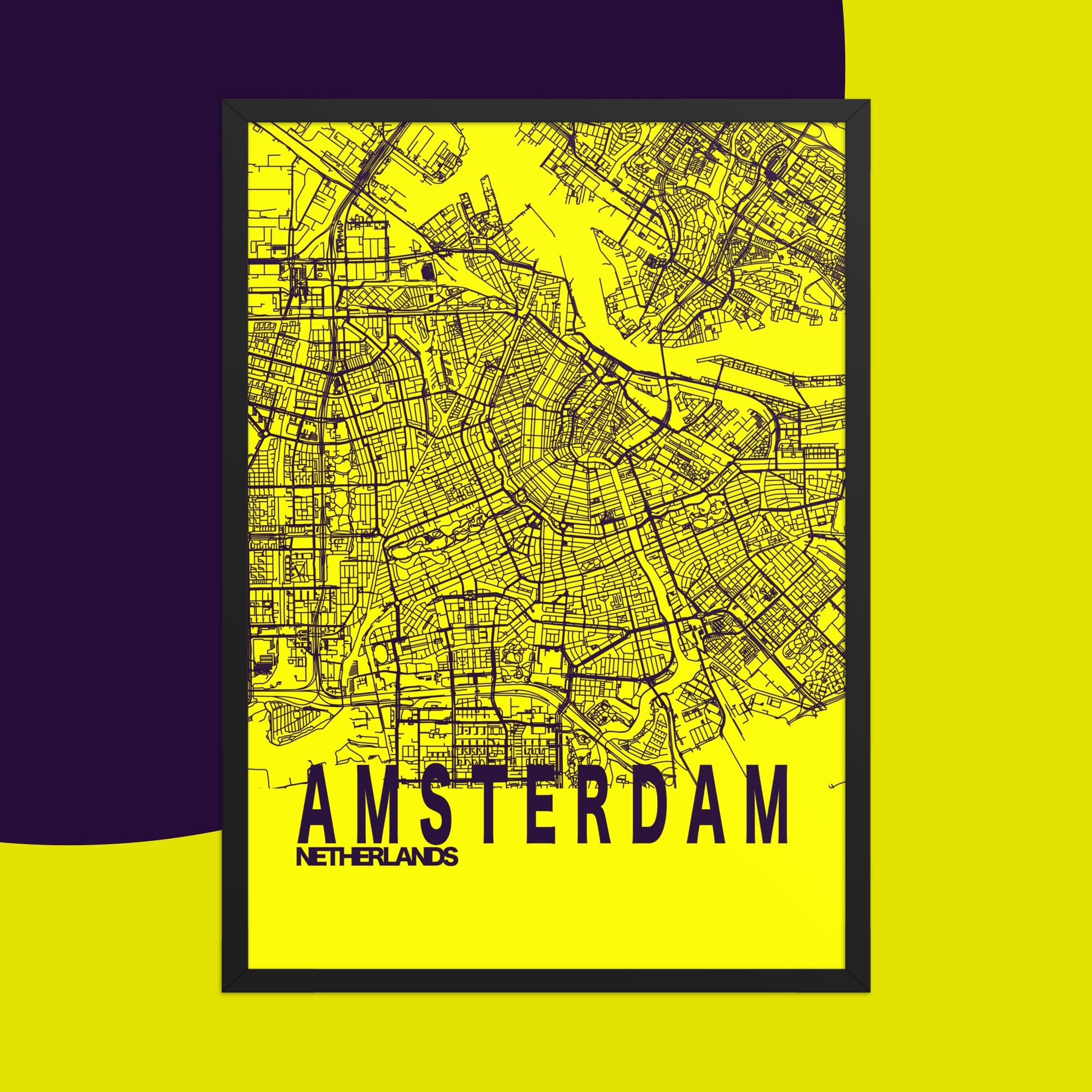 Mapa Bold Ciudad de Ámsterdam - Póster de Arte Colorido para Pared - Amarillo, Negro
