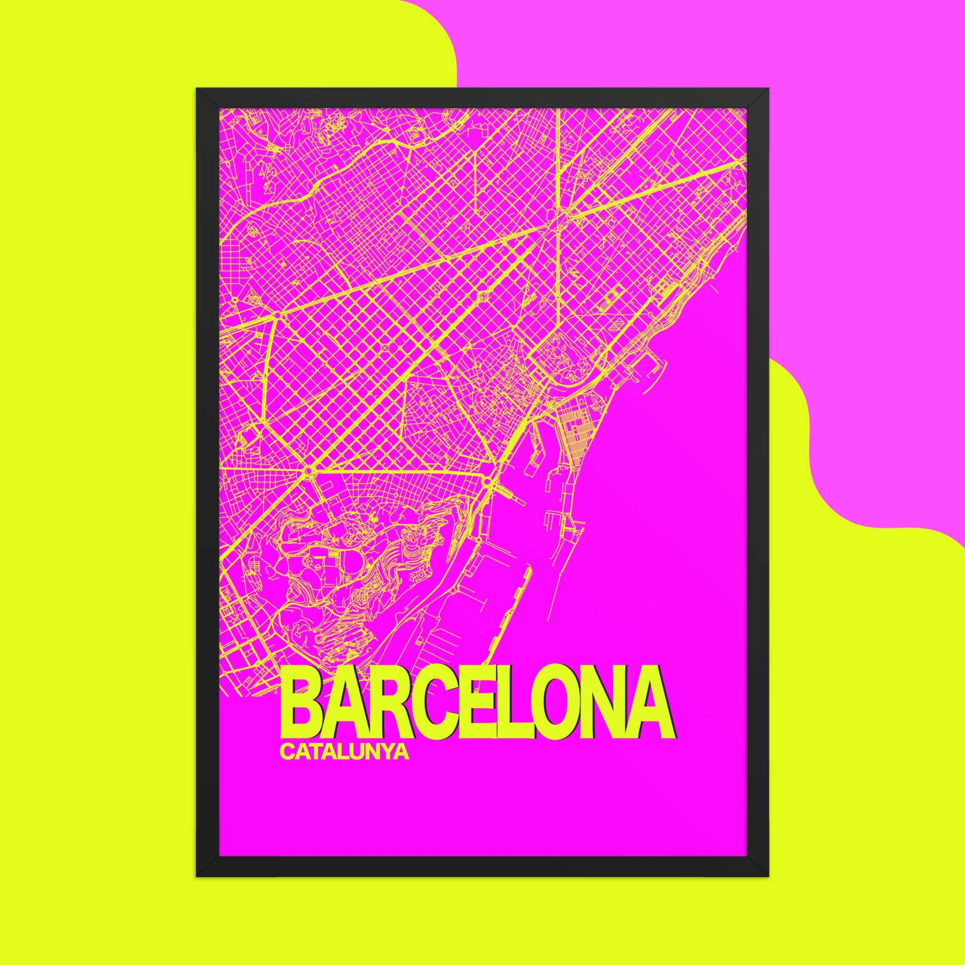 Mapa Bold Ciudad de Barcelona - Póster de Arte Colorido para Pared - Rosa, Amarillo