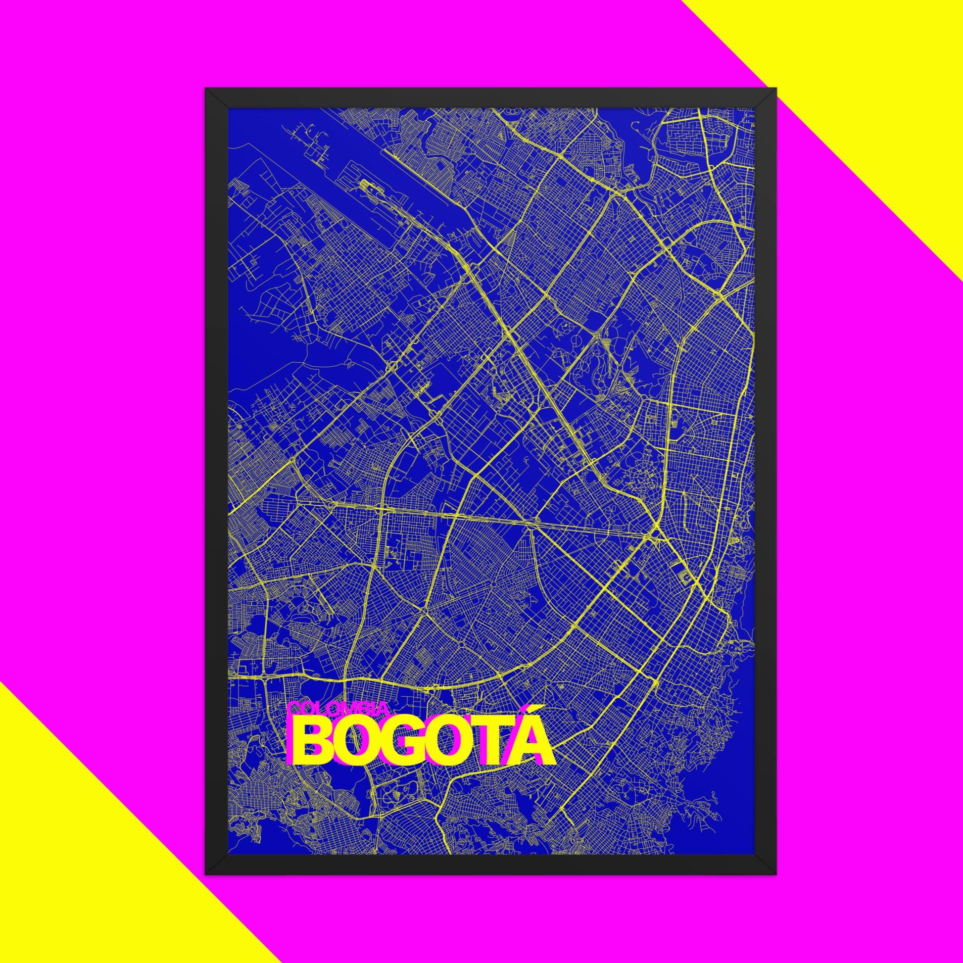 Mapa Bold Ciudad de Bogotá - Póster de Arte Colorido para Pared - Azul, Amarillo, Rosa