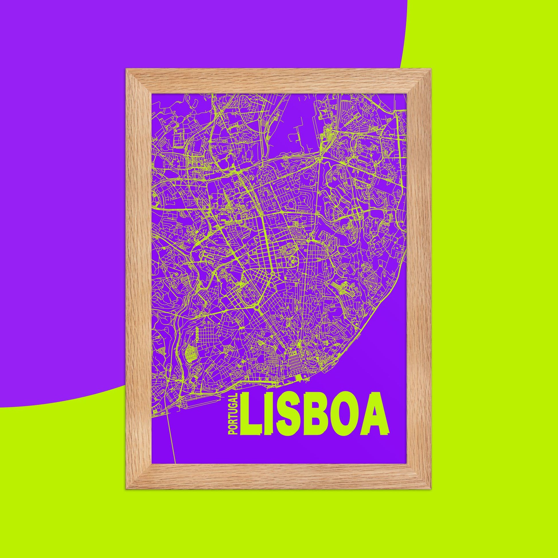 Mapa Bold Ciudad de Lisboa - Póster de Arte Colorido para Pared - Púrpura, Verde, Amarillo