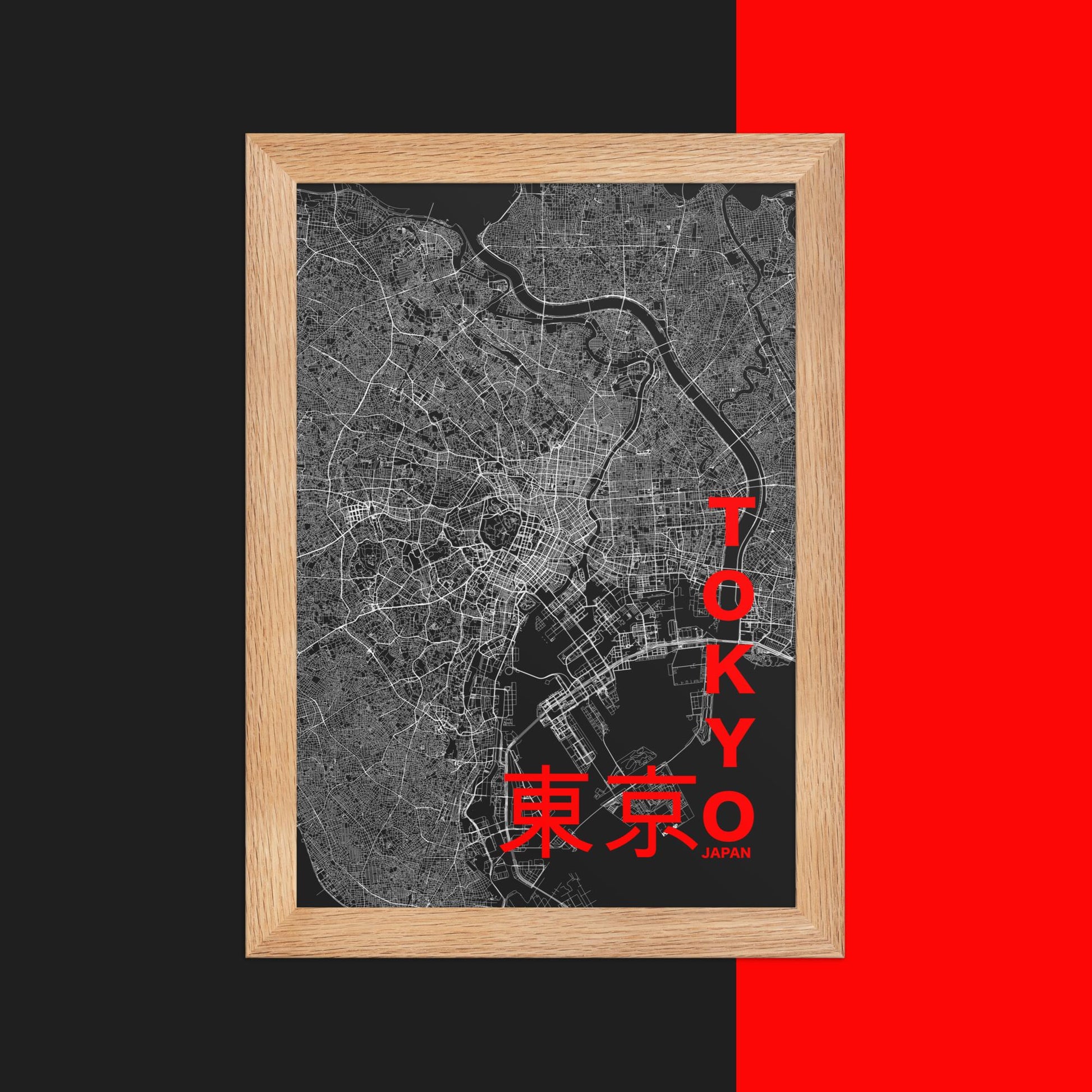 Mapa Bold Ciudad de Tokio - Póster de Arte Colorido para Pared - Negro, Gris, Gris, Blanco, Rojo
