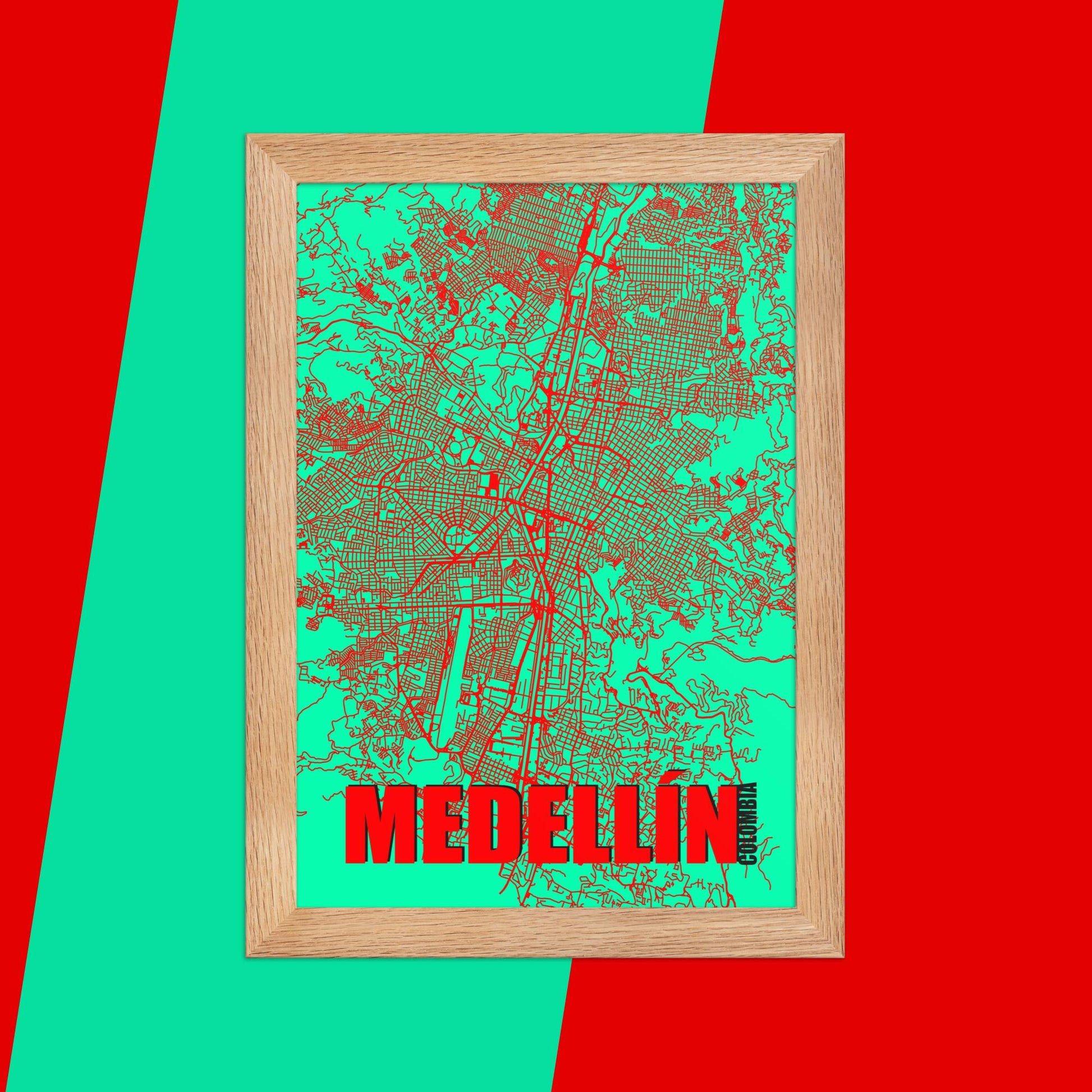 Mapa Bold Ciudad de Medellín - Póster de Arte Colorido para Pared - Rojo, Verde