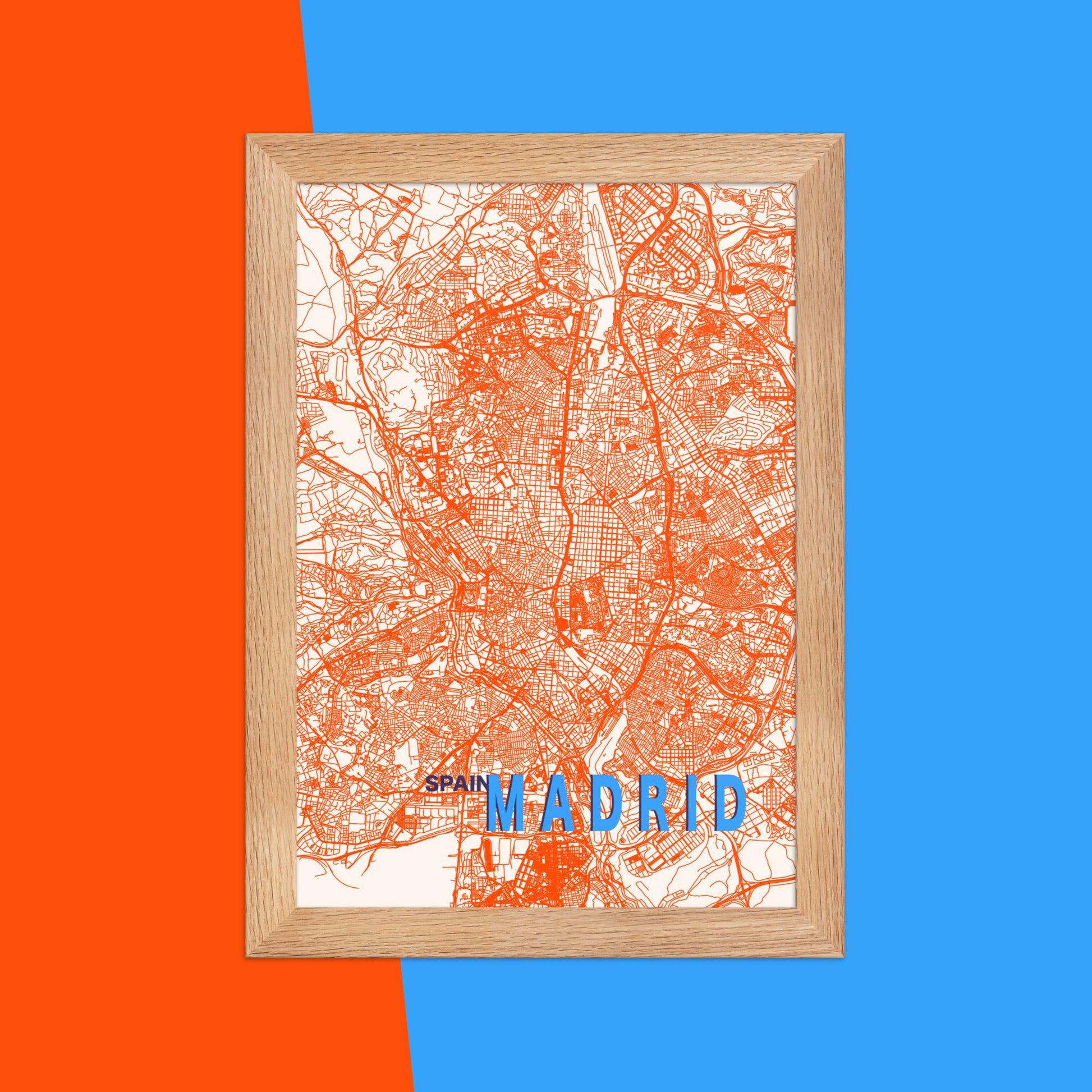 Mapa Bold Ciudad de Madrid - Póster de Arte Colorido para Pared - Naranja, Azul