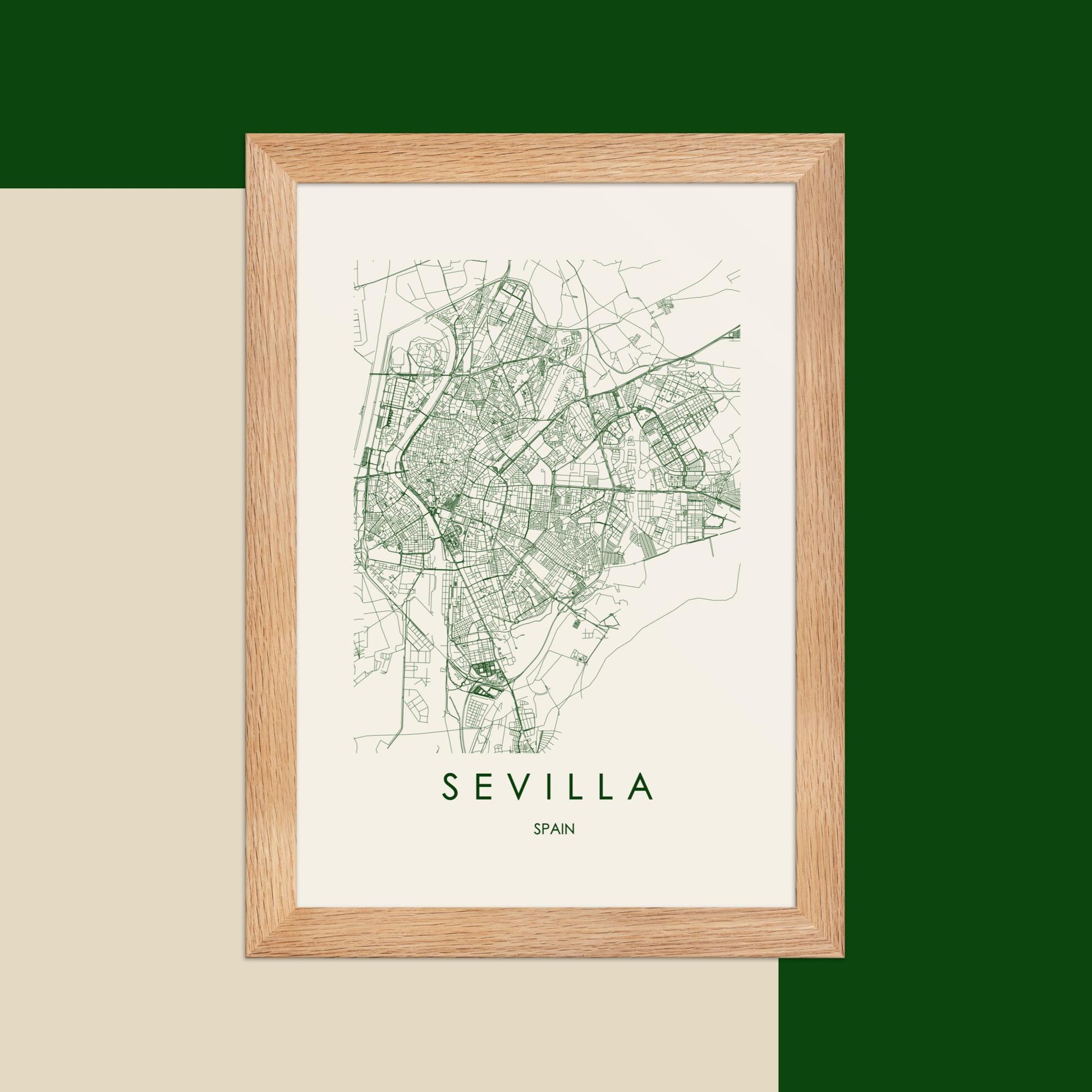 Pop Seville City Map - Vibrant Wall Art Poster - Green, Beige