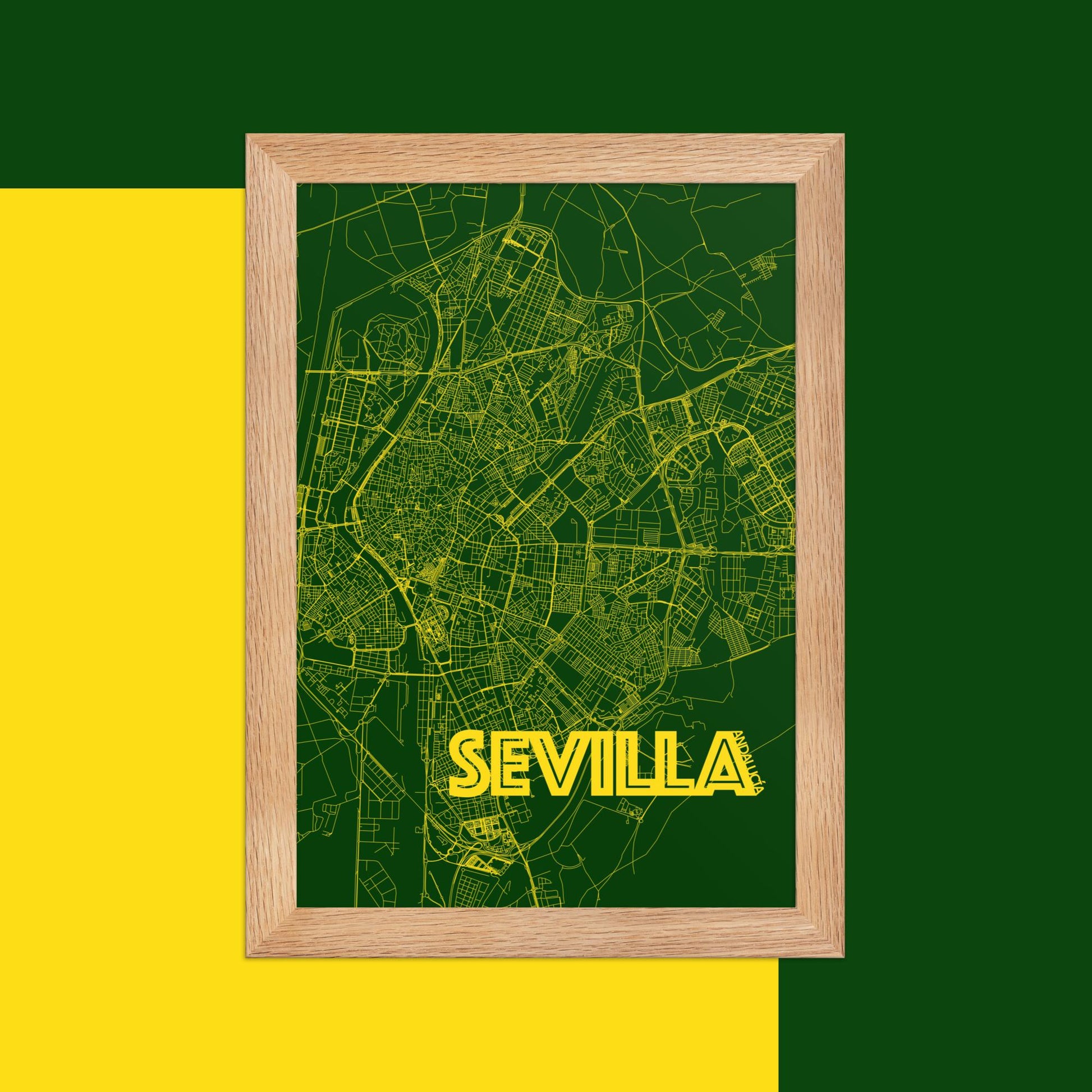 Mapa Bold Ciudad de Sevilla - Póster de Arte Colorido para Pared - Verde, Amarillo