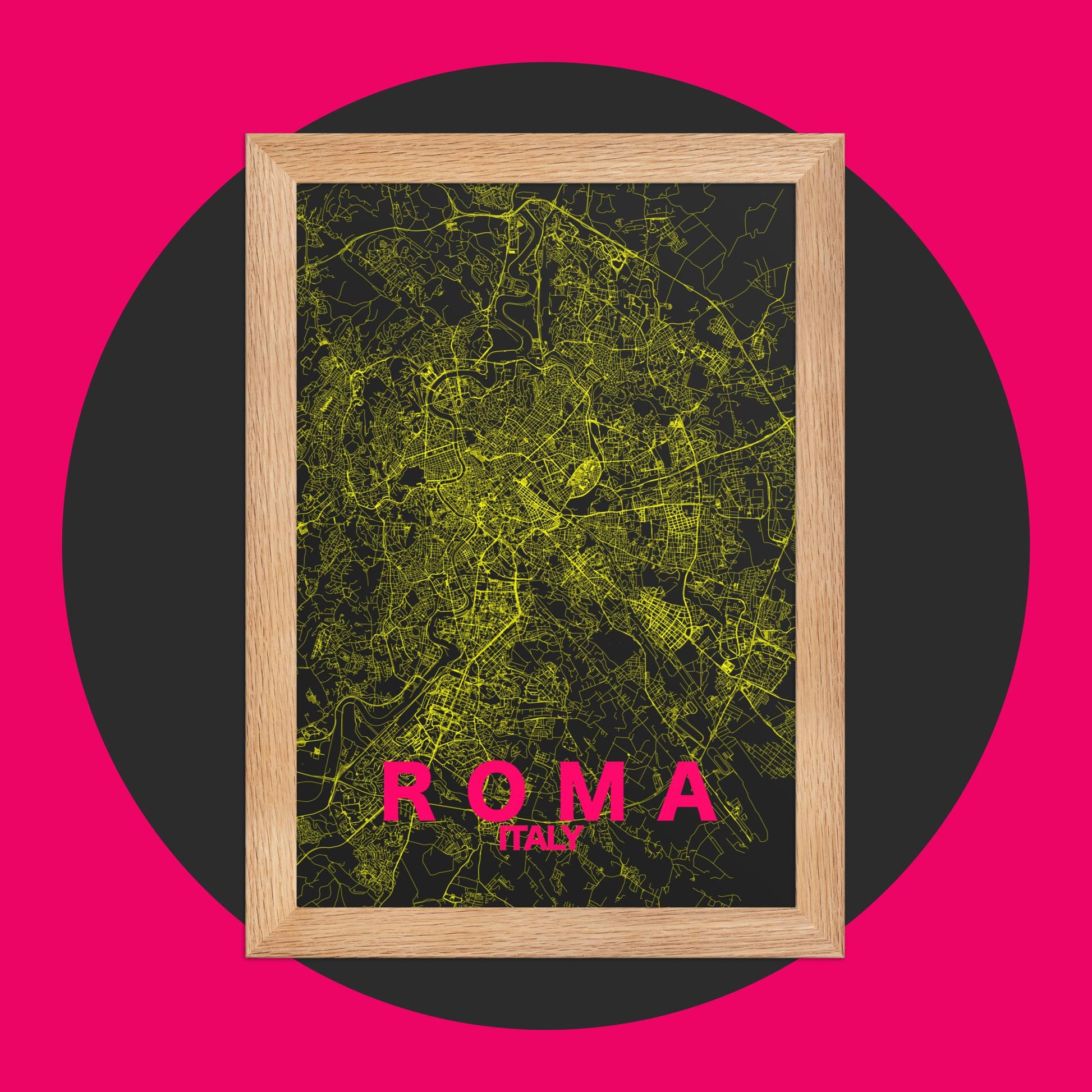 Mapa Bold Ciudad de Roma - Póster de Arte Colorido para Pared - Negro, Rosa, Amarillo