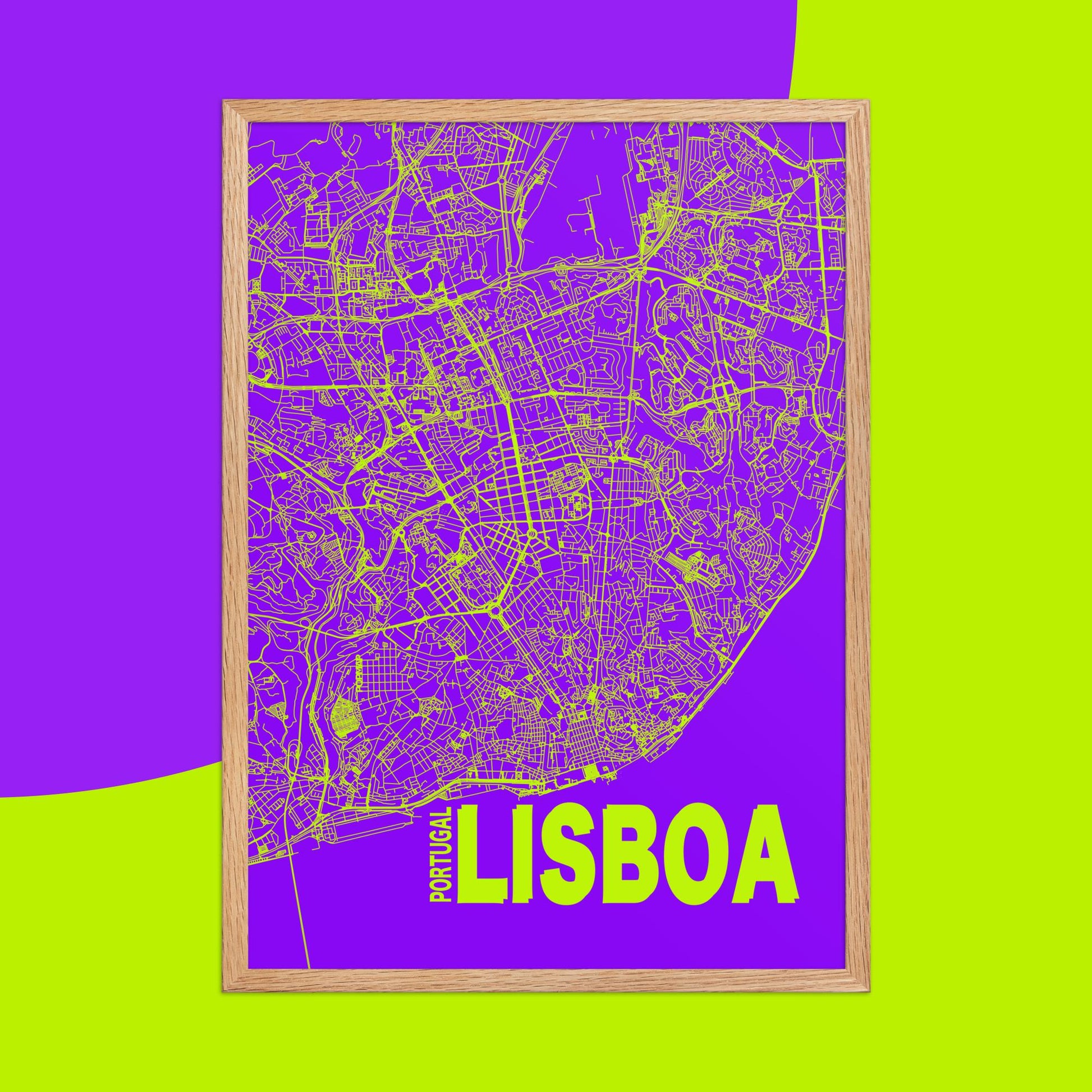 Mapa Bold Ciudad de Lisboa - Póster de Arte Colorido para Pared - Púrpura, Verde, Amarillo