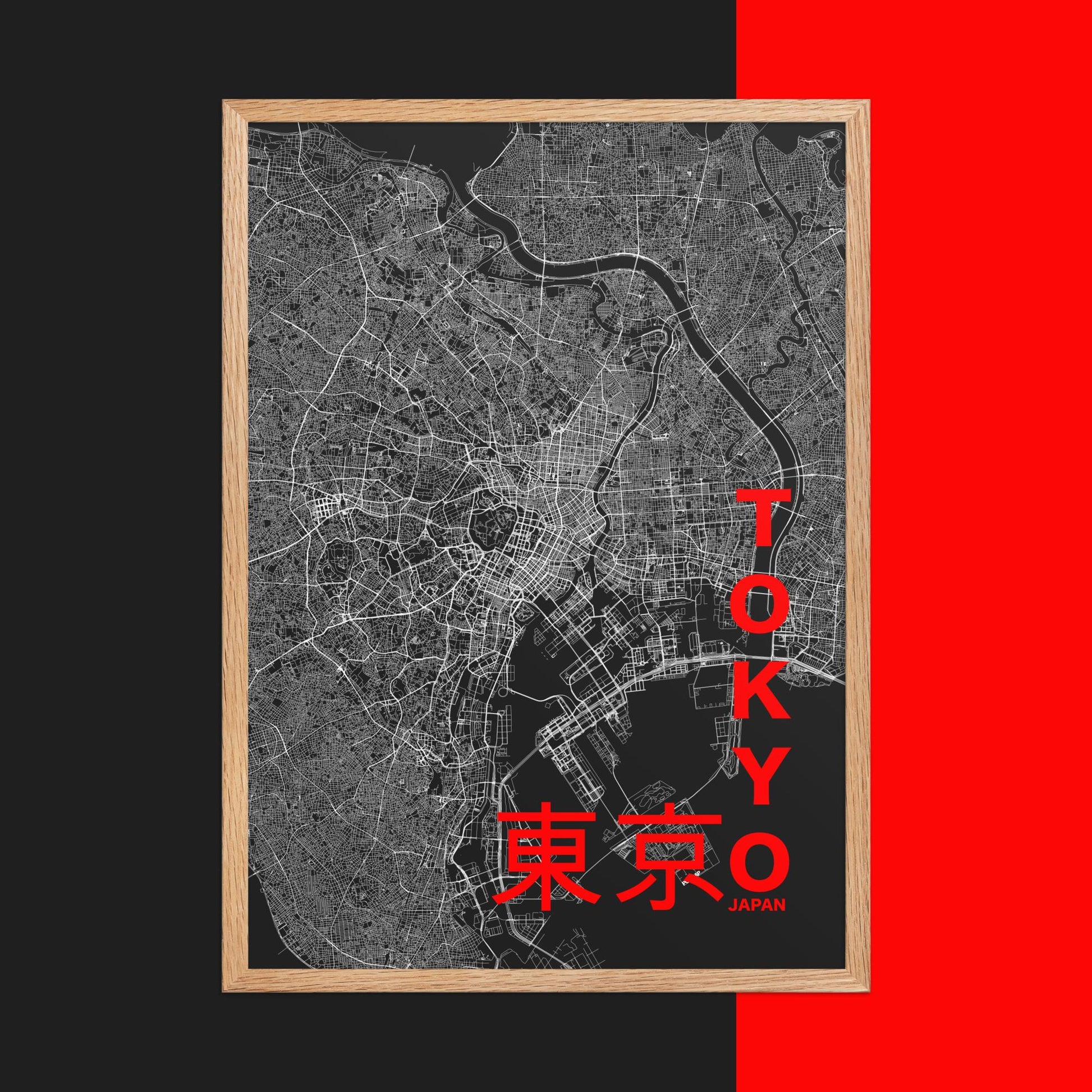 Mapa Bold Ciudad de Tokio - Póster de Arte Colorido para Pared - Negro, Gris, Gris, Blanco, Rojo