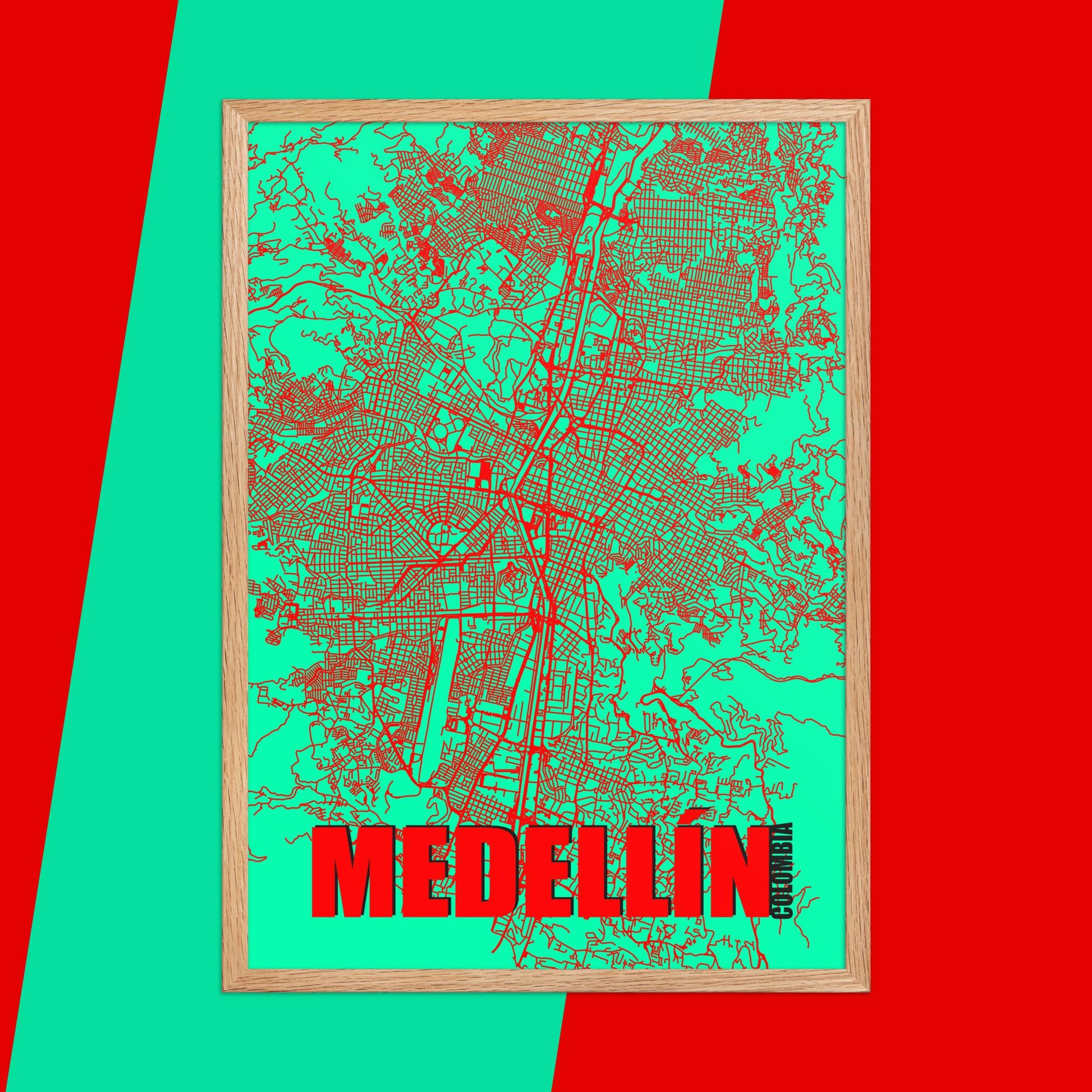 Mapa Bold Ciudad de Medellín - Póster de Arte Colorido para Pared - Rojo, Verde