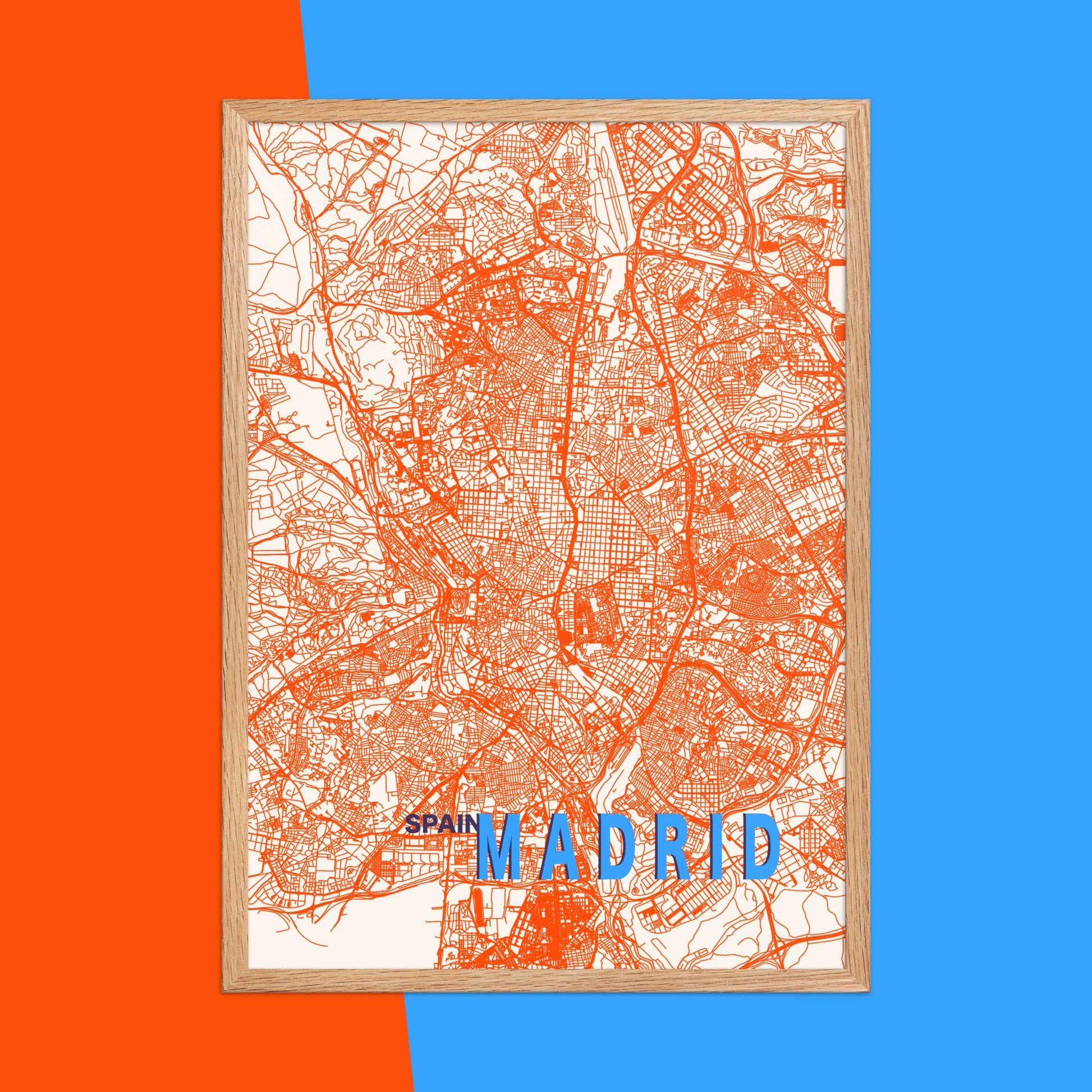 Mapa Bold Ciudad de Madrid - Póster de Arte Colorido para Pared - Naranja, Azul