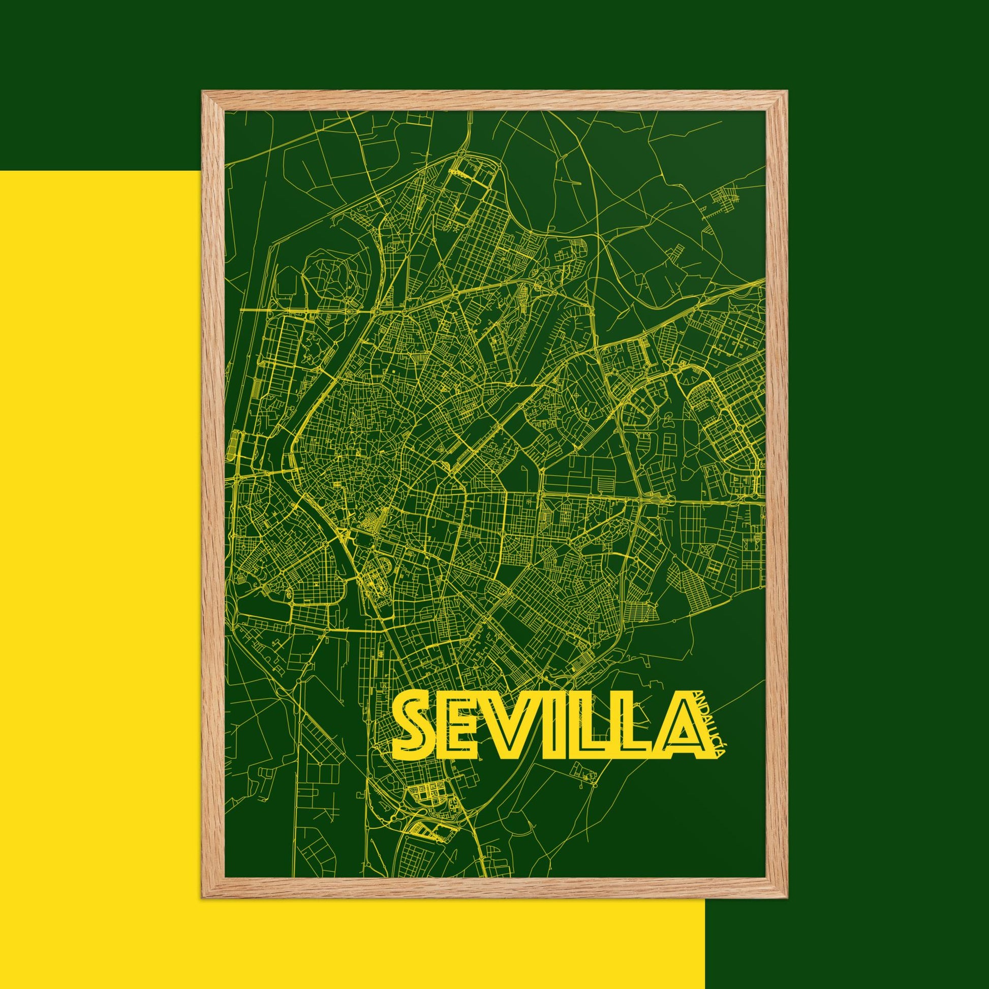 Mapa Bold Ciudad de Sevilla - Póster de Arte Colorido para Pared - Verde, Amarillo