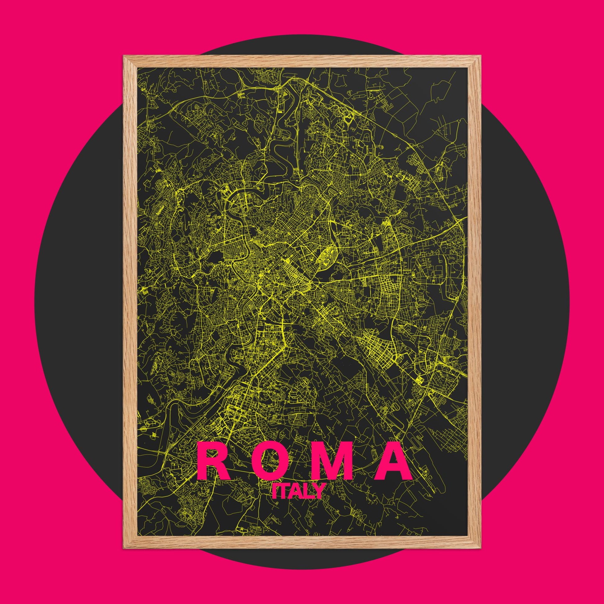 Mapa Bold Ciudad de Roma - Póster de Arte Colorido para Pared - Negro, Rosa, Amarillo