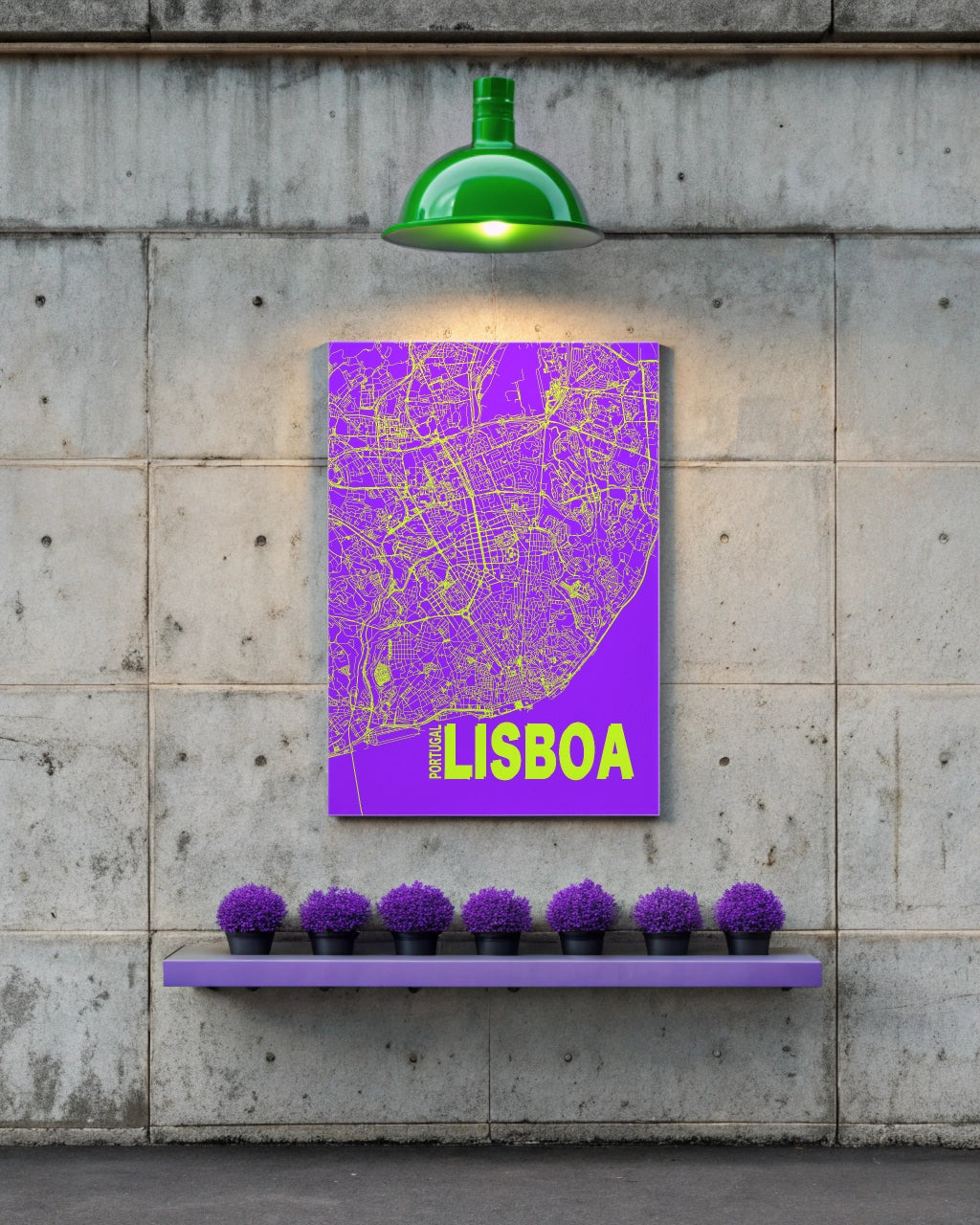 Mapa Bold Ciudad de Lisboa - Póster de Arte Colorido para Pared - Púrpura, Verde, Amarillo