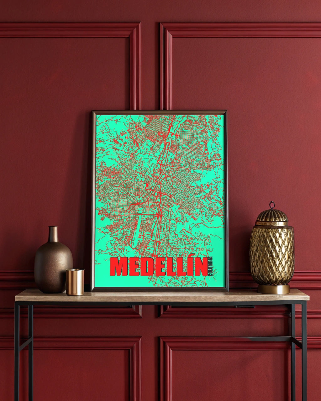 Mapa Bold Ciudad de Medellín - Póster de Arte Colorido para Pared - Rojo, Verde